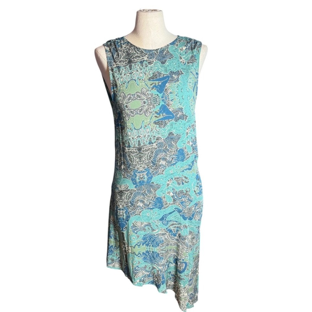 Zadig & Voltaire Root Dress Prussian Blue Green Graphic Asymmetrical V-Back S